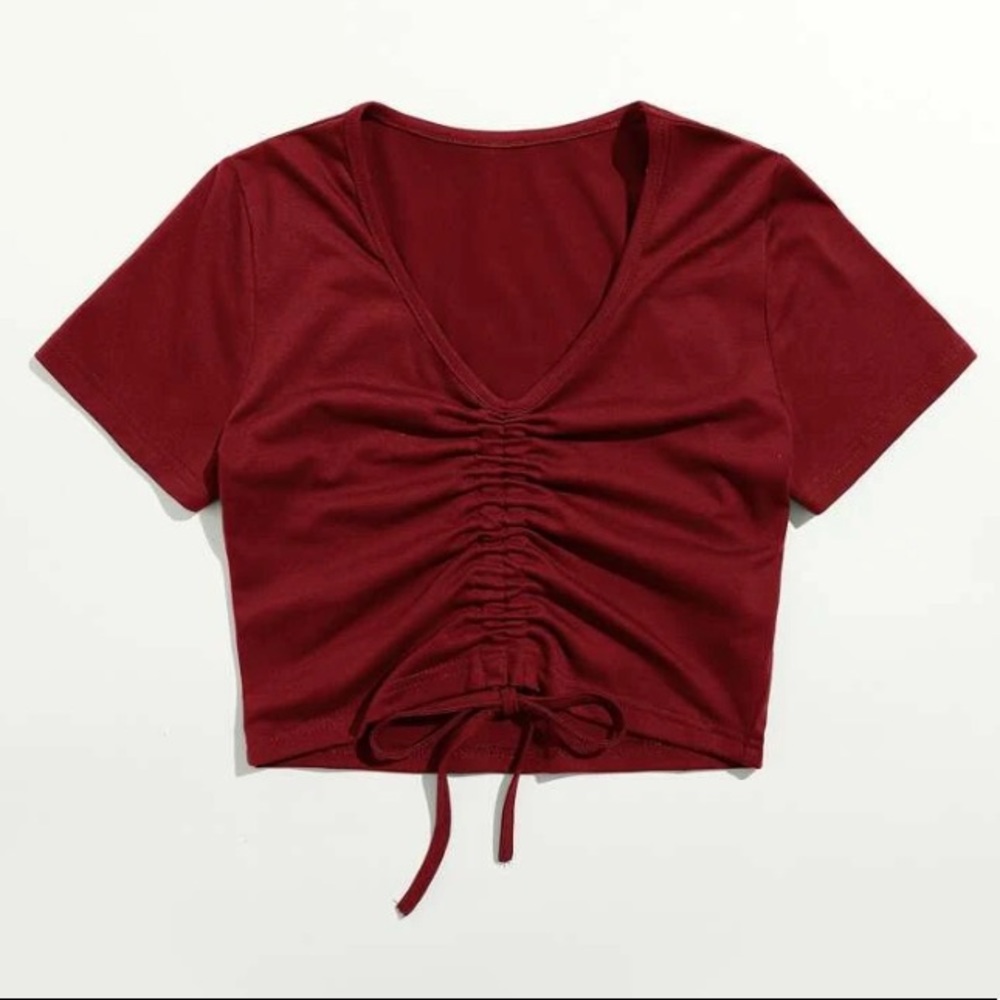 Solid Drawstring Ruched Crop Tee